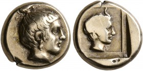 LESBOS. Mytilene. Circa 412-378 BC. Hekte (Electrum, 10 mm, 2.50 g, 5 h). Head of a nymph to right. Rev. Horned head of Pan to right within linear squ...
