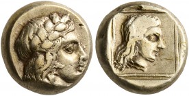 LESBOS. Mytilene. Circa 412-378 BC. Hekte (Electrum, 10 mm, 2.55 g, 9 h). Laureate head of Apollo to right. Rev. Head of a female to right within line...