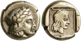 LESBOS. Mytilene. Circa 377-326 BC. Hekte (Electrum, 11 mm, 2.53 g, 6 h). Laureate head of Apollo to right. Rev. Female head with long hair to right w...