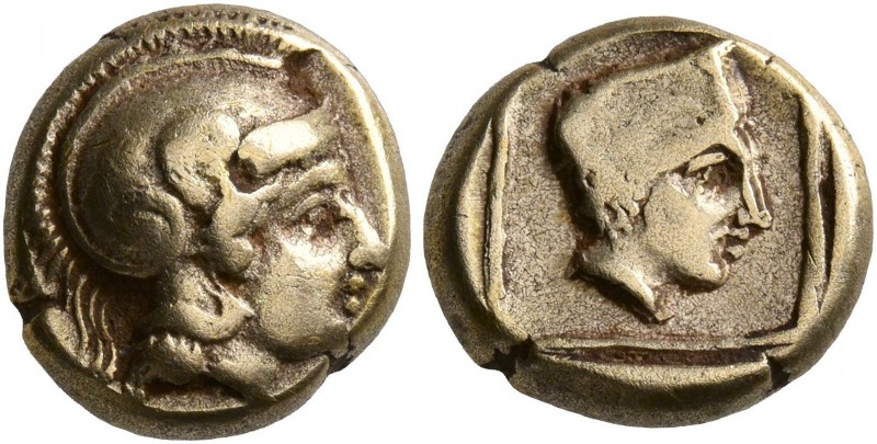 LESBOS. Mytilene. Circa 412-378 BC. Hekte (Electrum, 10 mm, 2.52 g, 9 h). Helmet...