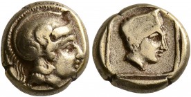 LESBOS. Mytilene. Circa 412-378 BC. Hekte (Electrum, 10 mm, 2.52 g, 9 h). Helmeted head of Athena to right. Rev. Head of Artemis-Kybele to right, wear...