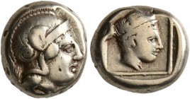 LESBOS. Mytilene. Circa 412-378 BC. Hekte (Electrum, 10 mm, 2.56 g, 9 h). Helmeted head of Athena to right. Rev. Head of Artemis-Kybele to right, wear...