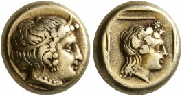 LESBOS. Mytilene. Circa 412-378 BC. Hekte (Electrum, 10 mm, 2.52 g, 7 h). Head of Io right, wearing tainia. Rev. Head of Dionysos to right, wearing wr...