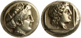 LESBOS. Mytilene. Circa 412-378 BC. Hekte (Electrum, 10 mm, 2.54 g, 12 h). Head of Io to right, wearing taenia. Rev. Head of Dionysos to right, wearin...
