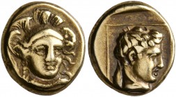 LESBOS. Mytilene. Circa 377-326 BC. Hekte (Electrum, 11 mm, 2.55 g, 1 h). Head of Athena facing slightly to right, wearing triple-crested Attic helmet...