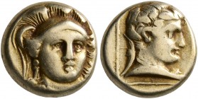 LESBOS. Mytilene. Circa 377-326 BC. Hekte (Electrum, 10 mm, 2.52 g, 7 h). Helmeted head of Athena facing slightly to the right. Rev. Head of Hermes to...