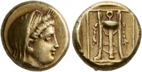 LESBOS. Mytilene. Circa 377-326 BC. Hekte (Electrum, 11 mm, 2.54 g, 12 h). Veiled head of Demeter to right, wearing wreath of grain ears. Rev. Tripod ...