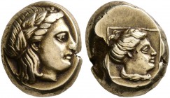 LESBOS. Mytilene. Circa 377-326 BC. Hekte (Electrum, 10 mm, 2.56 g, 12 h). Laureate head of Apollo to right. Rev. Head of a female to right within lin...