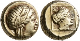 LESBOS. Mytilene. Circa 377-326 BC. Hekte (Electrum, 10 mm, 2.58 g, 12 h). Laureate head of Apollo to right. Rev. Head of a female to right within lin...