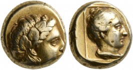 LESBOS. Mytilene. Circa 377-326 BC. Hekte (Electrum, 10 mm, 2.56 g, 1 h). Laureate head of Apollo to right. Rev. Head of a female to right within line...