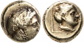 LESBOS. Mytilene. Circa 377-326 BC. Hekte (Electrum, 10 mm, 2.59 g, 12 h). Laureate head of Apollo to right. Rev. Head of a female to right within lin...