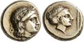 LESBOS. Mytilene. Circa 377-326 BC. Hekte (Electrum, 11 mm, 2.56 g, 7 h). Laureate head of Apollo to right; behind, small serpent. Rev. Head of Artemi...