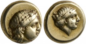 LESBOS. Mytilene. Circa 377-326 BC. Hekte (Electrum, 10 mm, 2.54 g, 12 h). Laureate head of Apollo to right; behind, small serpent. Rev. Head of Artem...