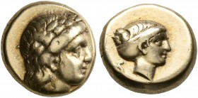 LESBOS. Mytilene. Circa 377-326 BC. Hekte (Electrum, 10 mm, 2.52 g, 6 h). Laureate head of Apollo to right. Rev. Head of a female to right, her hair b...