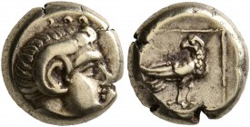 LESBOS. Mytilene. Circa 377-326 BC. Hekte (Electrum, 10 mm, 2.55 g, 3 h). Head of Apollo Karneios to right, wearing horn of Ammon over his ear. Rev. E...