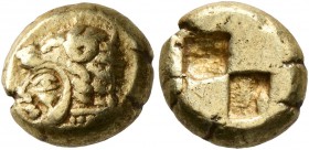 IONIA. Erythrai. Circa 550-500 BC. Hekte (Electrum, 10 mm, 2.60 g). Head of Herakles to left, wearing lion skin headdress. Rev. Quadripartite incuse s...