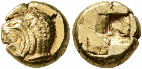 IONIA. Erythrai. Circa 550-500 BC. Hekte (Electrum, 10 mm, 2.53 g). Head of Herakles to left, wearing lion skin headdress. Rev. Quadripartite incuse s...