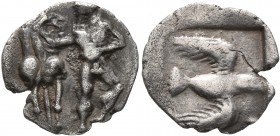 IONIA. Magnesia ad Maeandrum. Circa 465-400 BC. Trihemiobol (Silver, 12 mm, 0.89 g, 1 h). Male figure standing front, head to left, leading with his r...