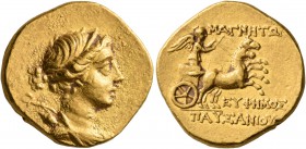 IONIA. Magnesia ad Maeandrum. Circa 130-120 BC. Stater (Gold, 19 mm, 8.39 g, 12 h), Euphemos, son of Pausanias. Draped bust of Artemis to right, weari...