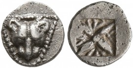 IONIA. Miletos. Late 6th-early 5th century BC. Tetartemorion (Silver, 7 mm, 0.25 g). Facing head of a lion within triangular dotted border. Rev. Flora...