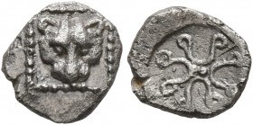 IONIA. Miletos (?). Late 6th-early 5th century BC. Hemiobol (Silver, 8 mm, 0.52 g). Facing head of a lion within square dotted border. Rev. Floral pat...