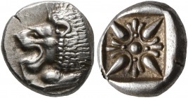 IONIA. Miletos. Late 6th-early 5th century BC. Diobol (Silver, 10 mm, 1.25 g). Forepart of a lion to right, head turned to left. Rev. Stellate design ...