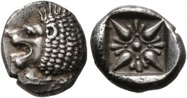IONIA. Miletos. Late 6th-early 5th century BC. Diobol (Silver, 10 mm, 1.20 g). Forepart of a lion to right, head turned to left. Rev. Stellate design ...
