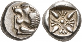 IONIA. Miletos. Late 6th-early 5th century BC. Diobol (Silver, 8 mm, 1.13 g). Forepart of a lion to right, head turned to left. Rev. Stellate design w...