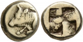 IONIA. Phokaia. Circa 478-387 BC. Hekte (Electrum, 10 mm, 2.51 g). Forepart of bull to left; above, small seal to right. Rev. Quadripartite incuse squ...