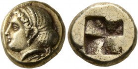 IONIA. Phokaia. Circa 387-326 BC. Hekte (Electrum, 11 mm, 2.56 g). Laureate female head to left, hair in sakkos; below, seal to right. Rev. Quadripart...