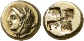 IONIA. Phokaia. Circa 387-326 BC. Hekte (Electrum, 10 mm, 2.51 g). Head of Omphale to left, wearing lion skin headdress of Herakles; club behind neck;...