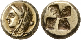 IONIA. Phokaia. Circa 387-326 BC. Hekte (Electrum, 10 mm, 2.55 g). Head of Omphale to left, wearing lion skin headdress of Herakles; club behind neck;...
