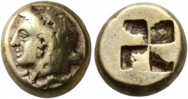 IONIA. Phokaia. Circa 387-326 BC. Hekte (Electrum, 10 mm, 2.48 g). Head of Omphale to left, wearing lion skin headdress of Herakles; club behind neck;...