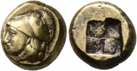 IONIA. Phokaia. Circa 387-326 BC. Hekte (Electrum, 10 mm, 2.50 g). Head of Athena to left, wearing crested Corinthian helmet decorated with serpent; b...