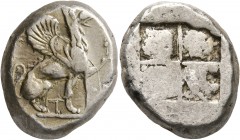 IONIA. Teos. Circa 465-440 BC. Stater (Silver, 21 mm, 12.11 g). Griffin seated right, raising right forepaw; below, T. Rev. Quadripartite incuse squar...