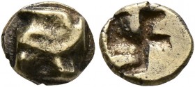 IONIA. Uncertain. Circa 625-600 BC. Myshemihekte – 1/24 Stater (Electrum, 7 mm, 0.44 g). Raised swastika pattern. Rev. Quadripartite incuse square. Ro...