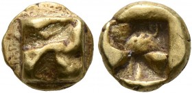 IONIA. Uncertain. Circa 625-600 BC. Myshemihekte – 1/24 Stater (Electrum, 6 mm, 0.59 g), Phokaic standard. Raised swastika pattern. Rev. Quadripartite...