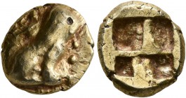 IONIA. Uncertain. Circa 600-550 BC. Hekte (Electrum, 11 mm, 2.60 g), Phokaic standard. Lion seated to right with his tail curled up over his back; bef...