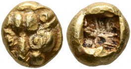 IONIA. Uncertain. Circa 600-550 BC. Myshemihekte – 1/24 Stater (Electrum, 6 mm, 0.55 g), Lydo-Milesian standard. Facing lion head. Rev. Rough incuse s...
