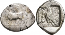 CYPRUS. Paphos. Stasandros, second half of 5th century BC. Stater (Silver, 26 mm, 10.96 g, 3 h). Bull standing left; above, winged solar disk; to left...