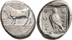 CYPRUS. Paphos. Stasandros, second half of 5th century BC. Stater (Silver, 23 mm, 10.91 g, 12 h). Bull standing left; above, winged solar disk; to lef...