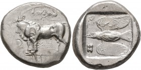 CYPRUS. Paphos. Onasiokos, second half of 5th century BC. Stater (Silver, 22 mm, 11.09 g, 7 h). &#67609;&#67587; ('O-na' in Cypriot syllabic script) B...