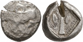 CYPRUS. Uncertain mints. Early 5th century BC. Stater (Silver, 20 mm, 11.01 g). Ram walking left upon which an ankh symbol is superimposed. Rev. Laure...