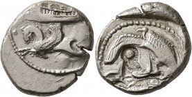 PHOENICIA. Byblos. Uncertain king, circa 435-425 BC. Shekel (Silver, 25 mm, 14.08 g, 9 h). Galley with three hoplites to left; below, hippocamp left. ...