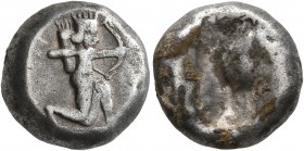 PERSIA, Achaemenid Empire. Time of Darios I to Xerxes I, circa 505-480 BC. Siglos (Silver, 14 mm, 5.34 g), Sardes. Persian king or hero in kneeling/ru...