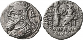KINGS OF PARTHIA. Vologases IV, circa 147-191. Tetradrachm (Silver, 28 mm, 9.88 g, 1 h), Seleukeia on the Tigris, SE 464, Apellaios = November 152. Dr...
