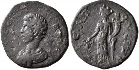 ARCADIA. Thelpusa. Geta, as Caesar, 198-209. Assarion (Bronze, 22 mm, 5.57 g, 2 h). [ΛOY] CЄΠTI ΓЄTAC Bare-headed, draped and cuirassed bust of Geta t...