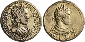 KINGS OF BOSPORUS. Rhescuporis II, with Elagabalus, 211/2-226/7. Stater (Electrum, 19 mm, 7.69 g, 11 h), BE 515 = 218/219. BACIΛЄωC ΡHCKOΥΠOΡIΔOC Diad...