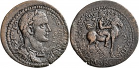 LYDIA. Blaundus. Volusian, 251-253. Tetrassarion (Bronze, 32 mm, 14.60 g, 11 h), Aur. Papios Ermo..., first archon. Α Κ Γ Ο Τ ΟΥΟΛΟΥϹϹΙΑΝ/ΟϹ Ϲ Laureat...