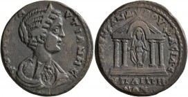 LYDIA. Hypaepa. Plautilla, Augusta, 202-205. Tetrassarion (Orichalcum, 28 mm, 13.34 g, 6 h), Menandros, son of Bassia..., strategos. ΦOYΛ ΠΛAYTIANH•C ...